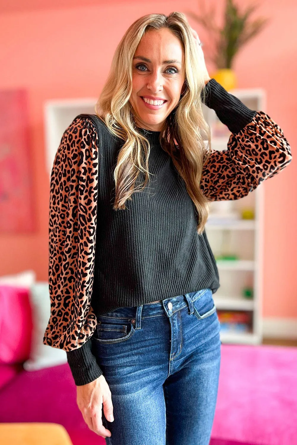 Black Animal Print Contrast Sleeve Knit Top