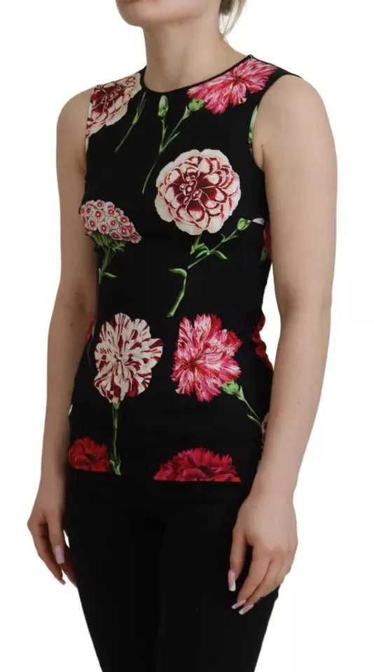 Black Floral Sleeveless Tank Top Silk Blouse