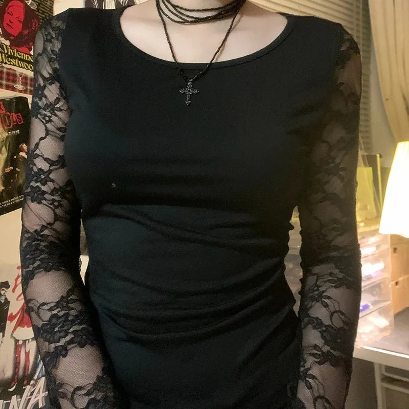 Black Gothic Lace Semi-see-through Long Sleeve Crop Knit Top