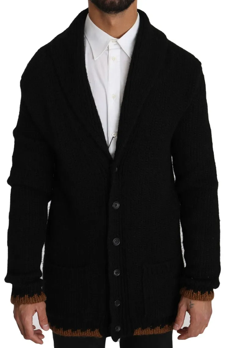 Black Knitted Wool Button Cardigan Sweater