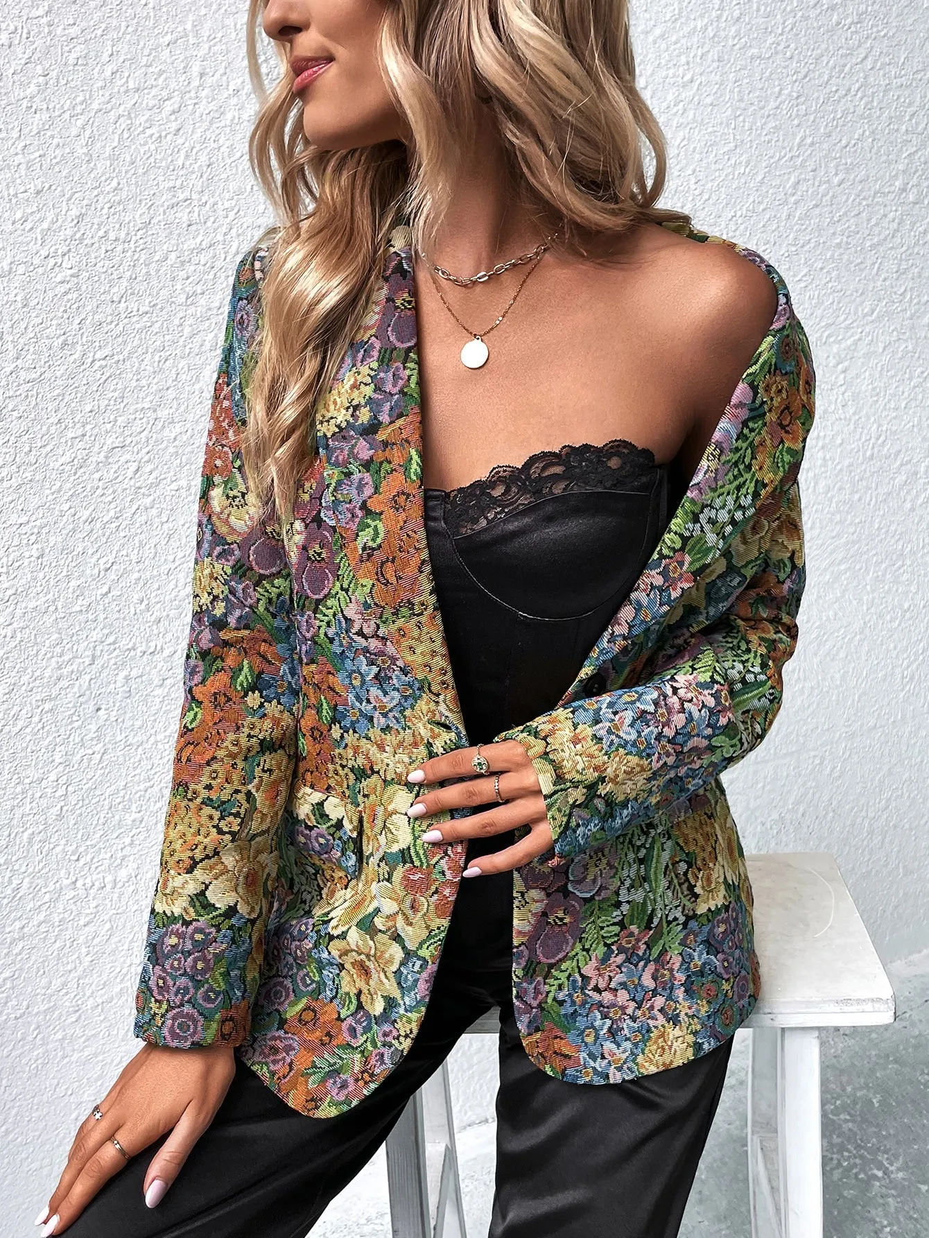 Blazer Floral de Un Solo Botón