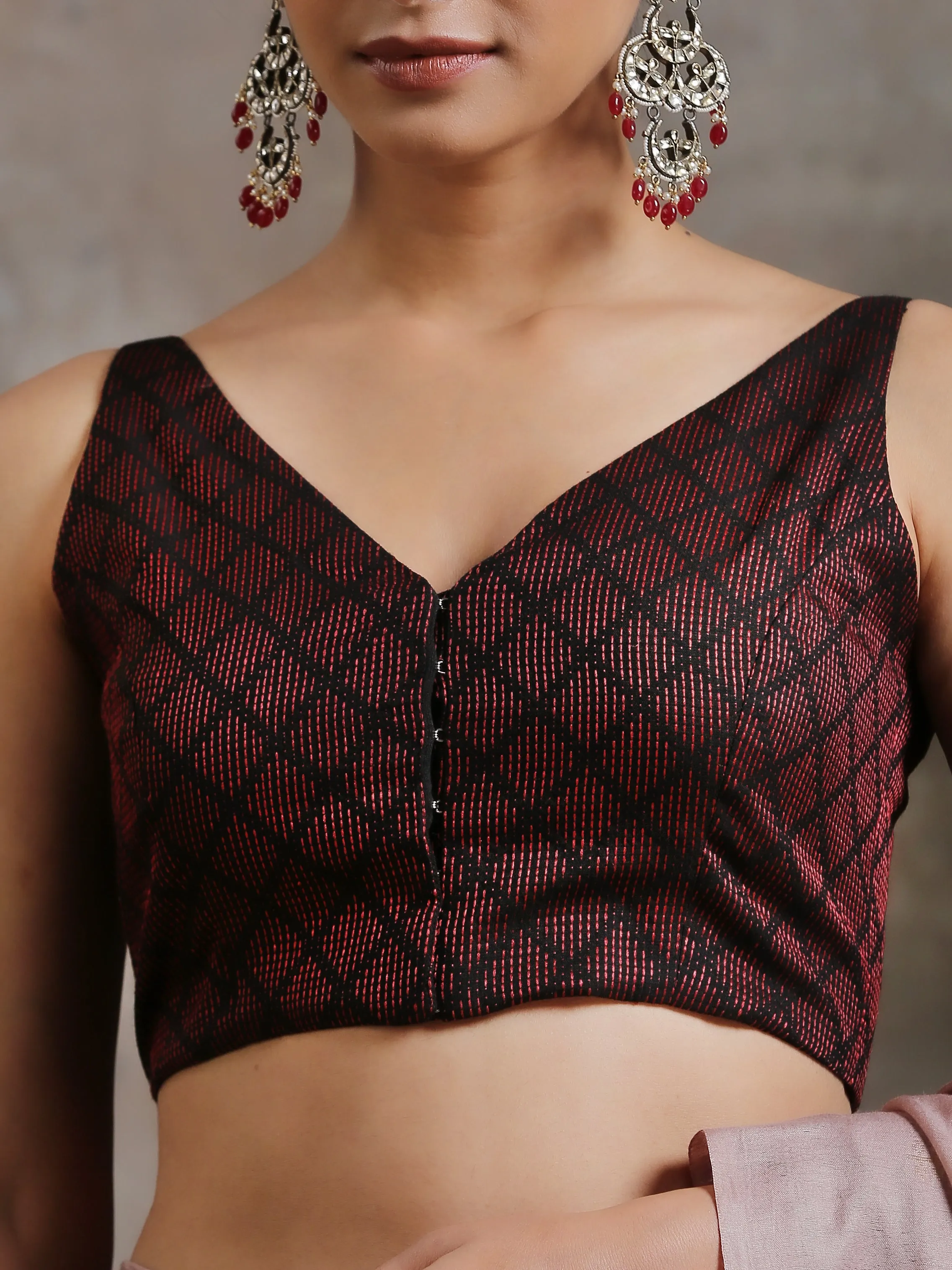 Blouse - Red & Black Woven Geometric Blouse