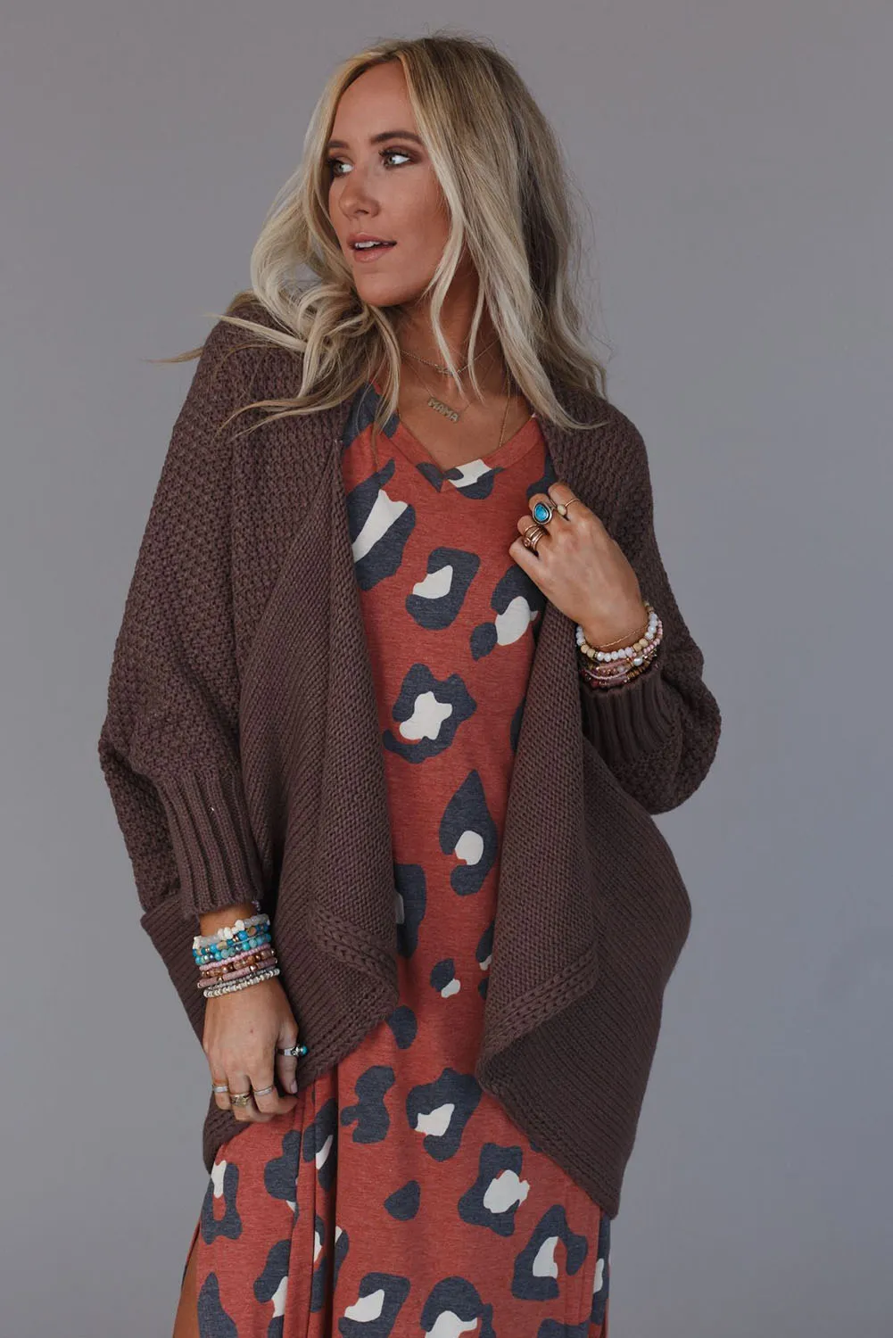 Brown Textured Knit Dolman Sleeve Cardigan