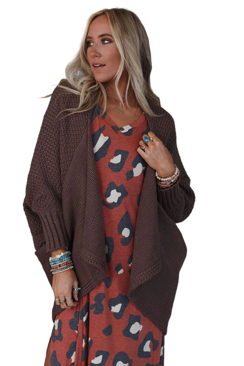 Brown Textured Knit Dolman Sleeve Cardigan