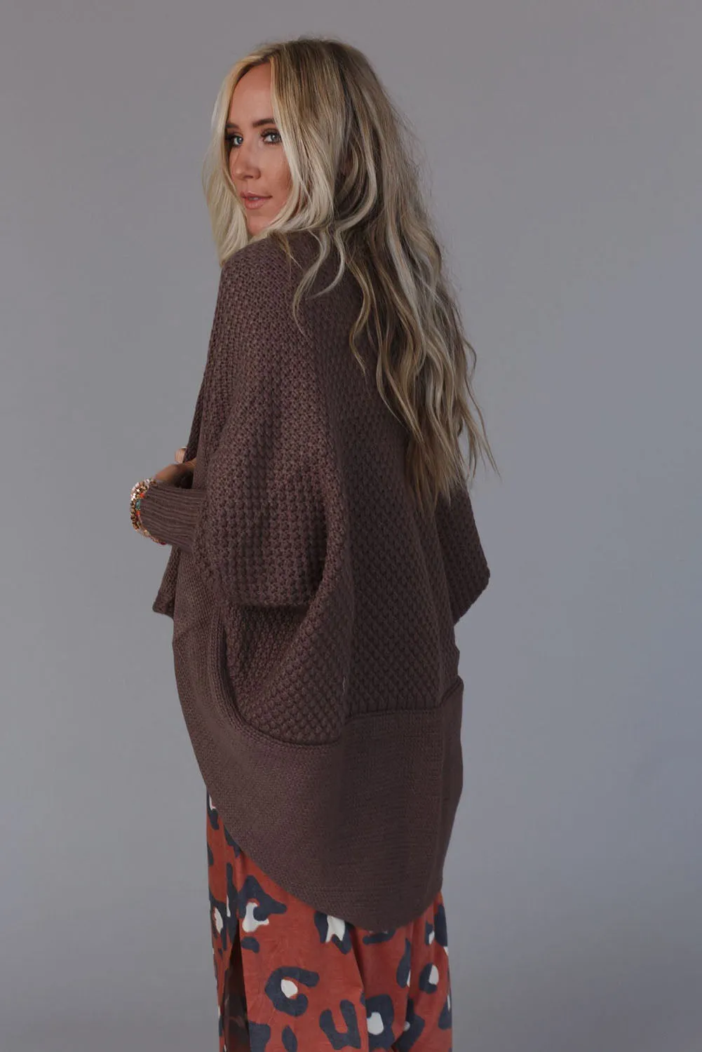 Brown Textured Knit Dolman Sleeve Cardigan