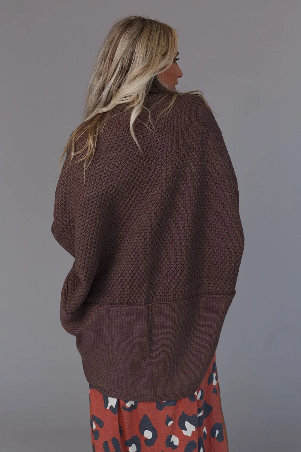 Brown Textured Knit Dolman Sleeve Cardigan
