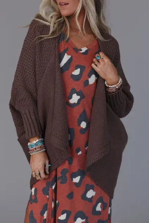 Brown Textured Knit Dolman Sleeve Cardigan
