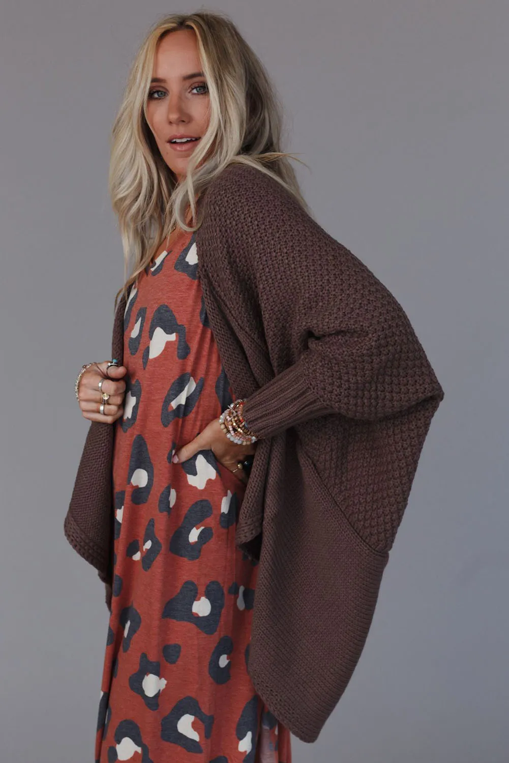 Brown Textured Knit Dolman Sleeve Cardigan