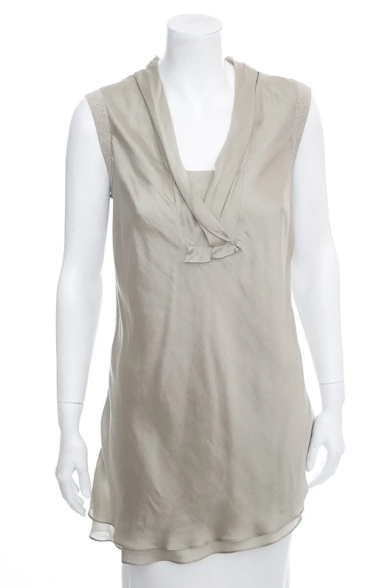 Brunello Cucinelli Grey Silk & Rib Knit Sleeveless Blouse SZ L