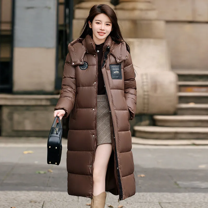 Calf-Length Solid Padded Raincoat for Women Perfect for Cold Weather