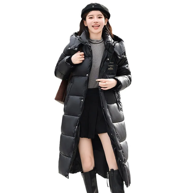 Calf-Length Solid Padded Raincoat for Women Perfect for Cold Weather