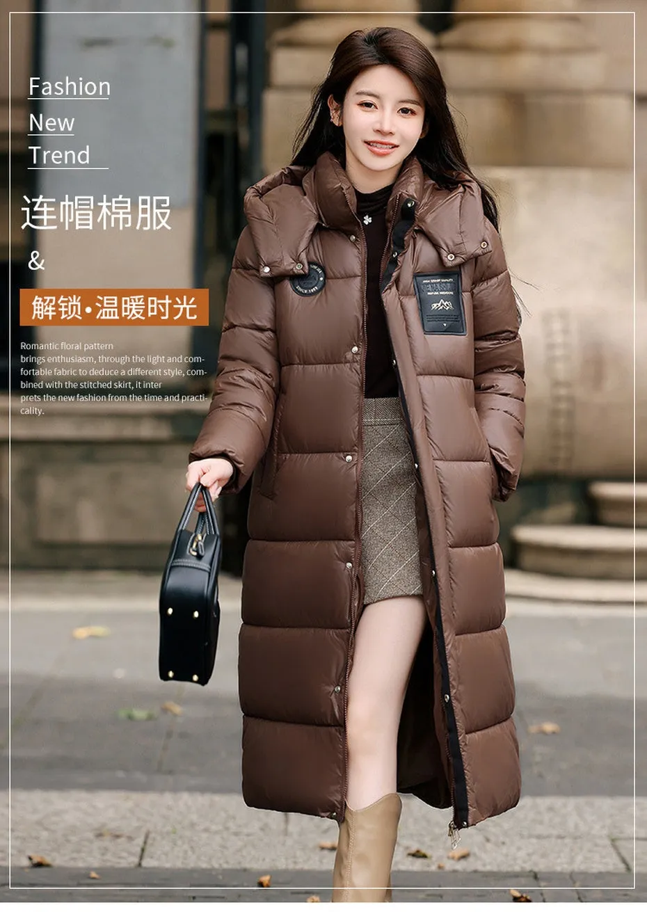 Calf-Length Solid Padded Raincoat for Women Perfect for Cold Weather