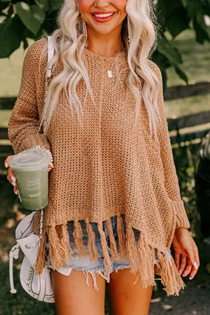 Camel Tasseled Hem Knit Sweater