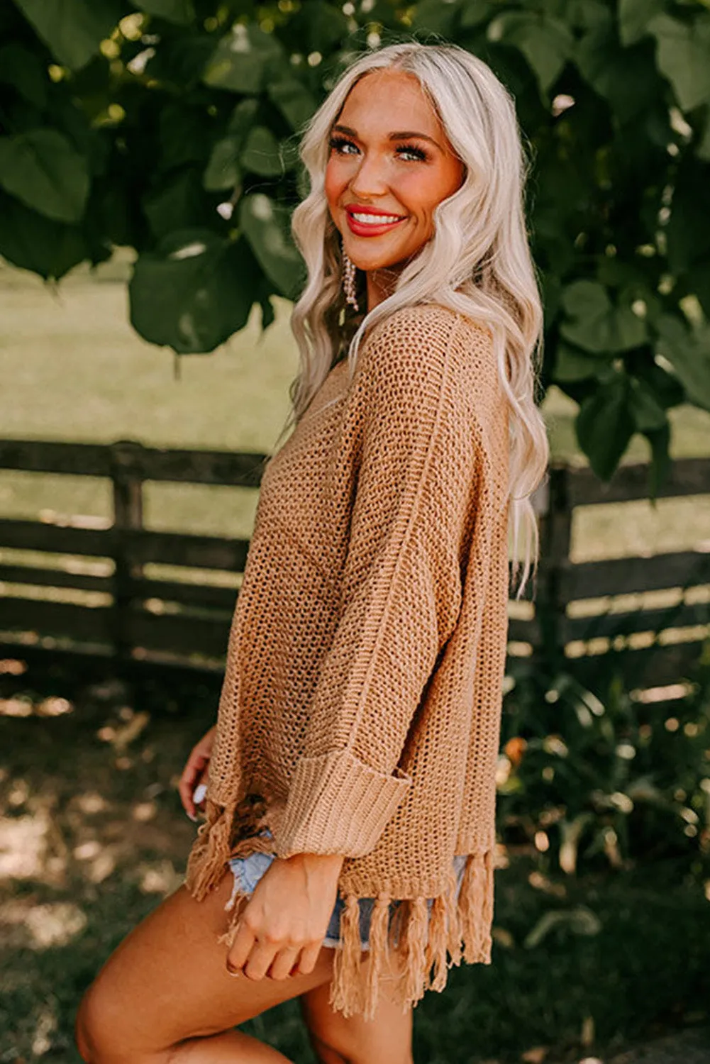 Camel Tasseled Hem Knit Sweater
