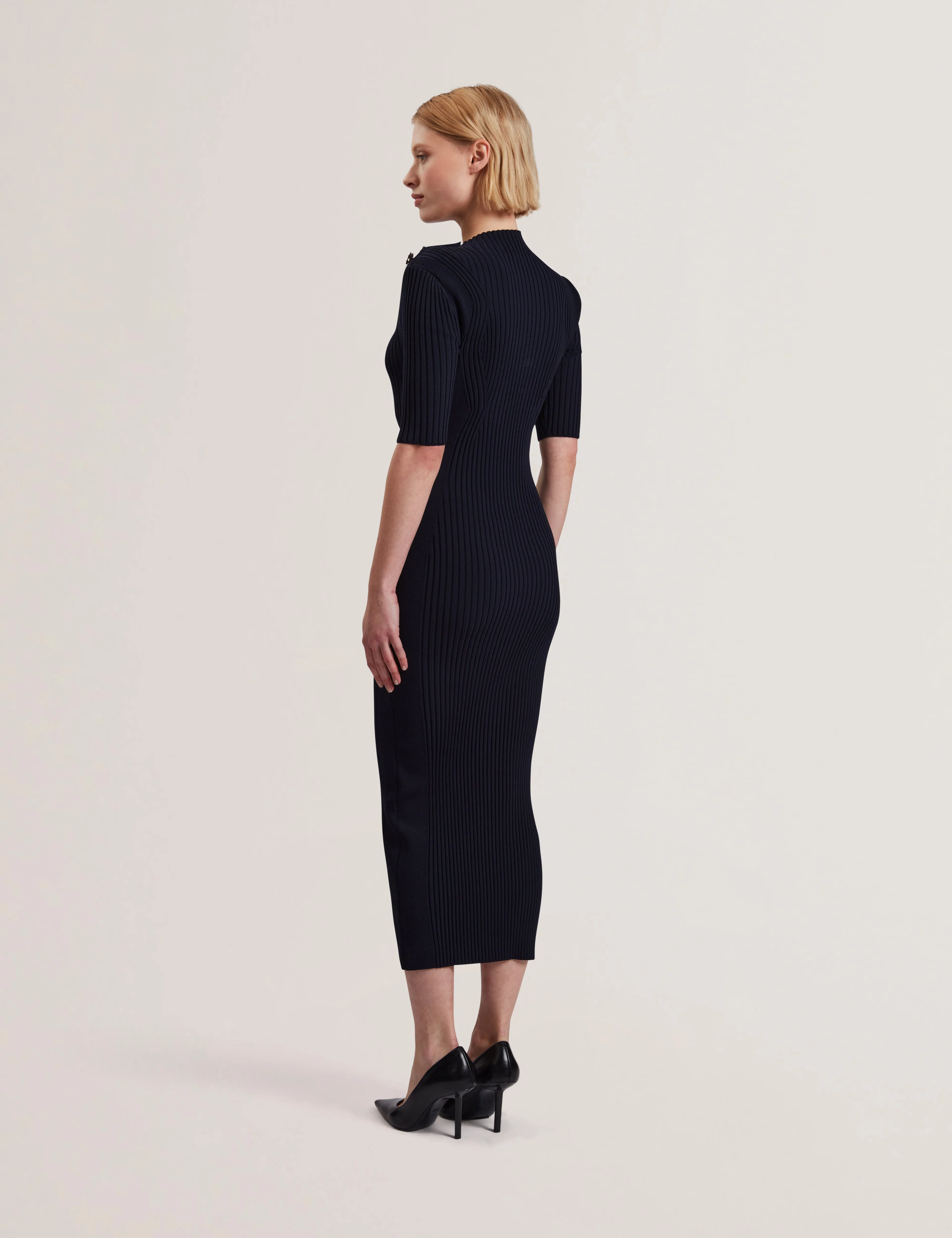Candiic Ribbed Knit Button Detail Column Dress Navy