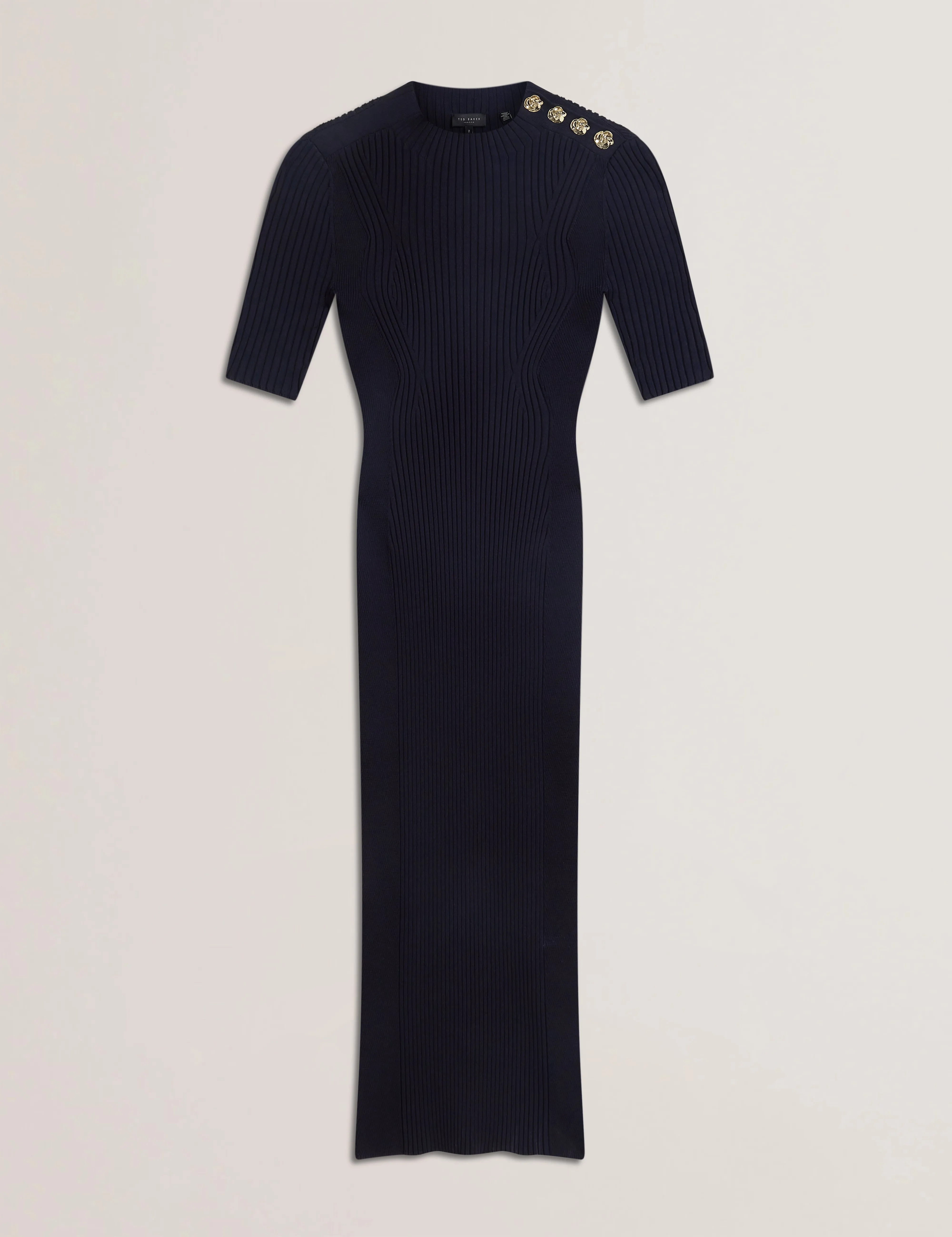 Candiic Ribbed Knit Button Detail Column Dress Navy