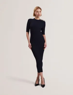 Candiic Ribbed Knit Button Detail Column Dress Navy