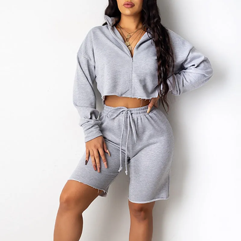 Casual Lapel Tie Long Sleeve 2PCS Shorts Set