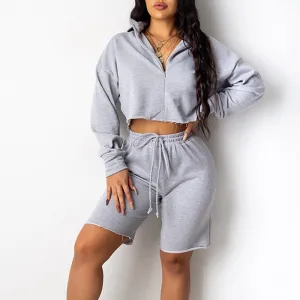 Casual Lapel Tie Long Sleeve 2PCS Shorts Set