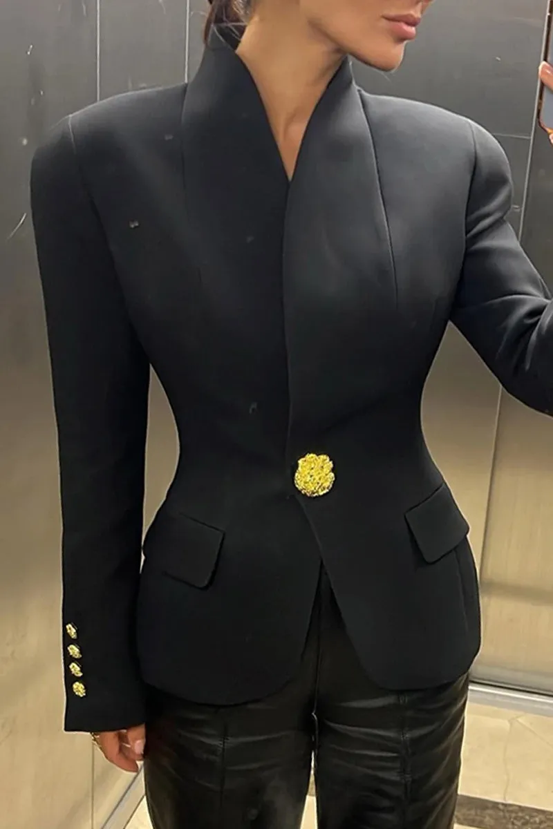Casual Solid Color Buttons V Neck Outerwear