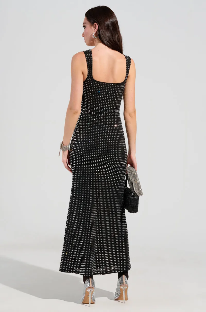 CHAMPAGNE PROBLEMS RHINESTONE MESH MAXI DRESS