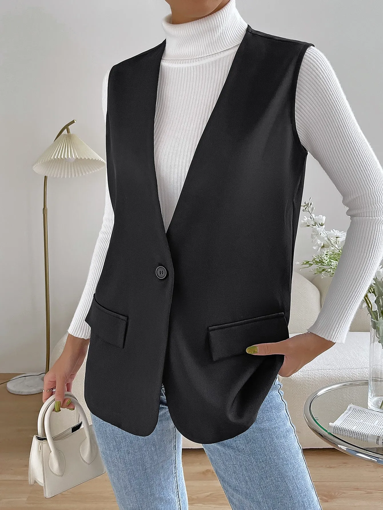 Cherry Vibes: Blazer Chaleco Unicolor para Mujer en