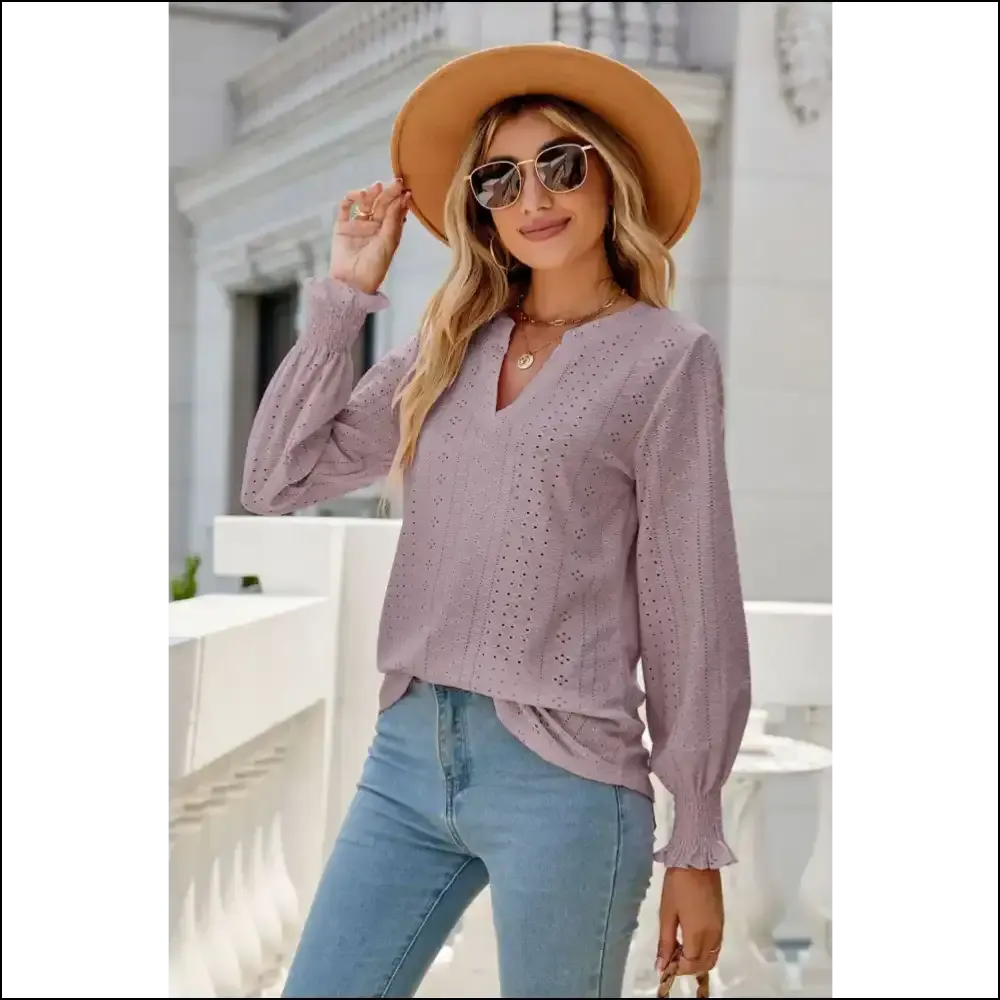 Chic Notched Flounce Sleeve Eyelet Top