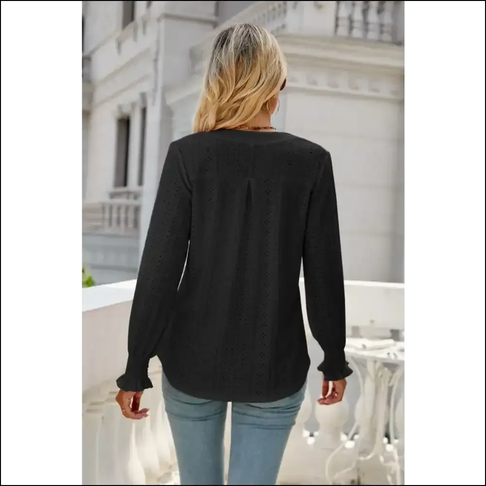 Chic Notched Flounce Sleeve Eyelet Top