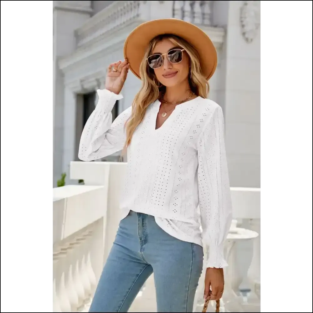 Chic Notched Flounce Sleeve Eyelet Top