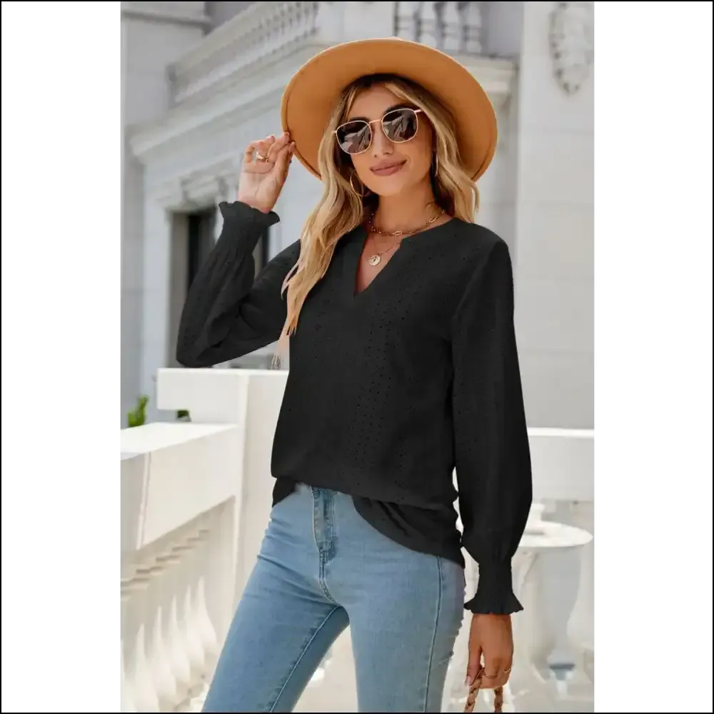 Chic Notched Flounce Sleeve Eyelet Top