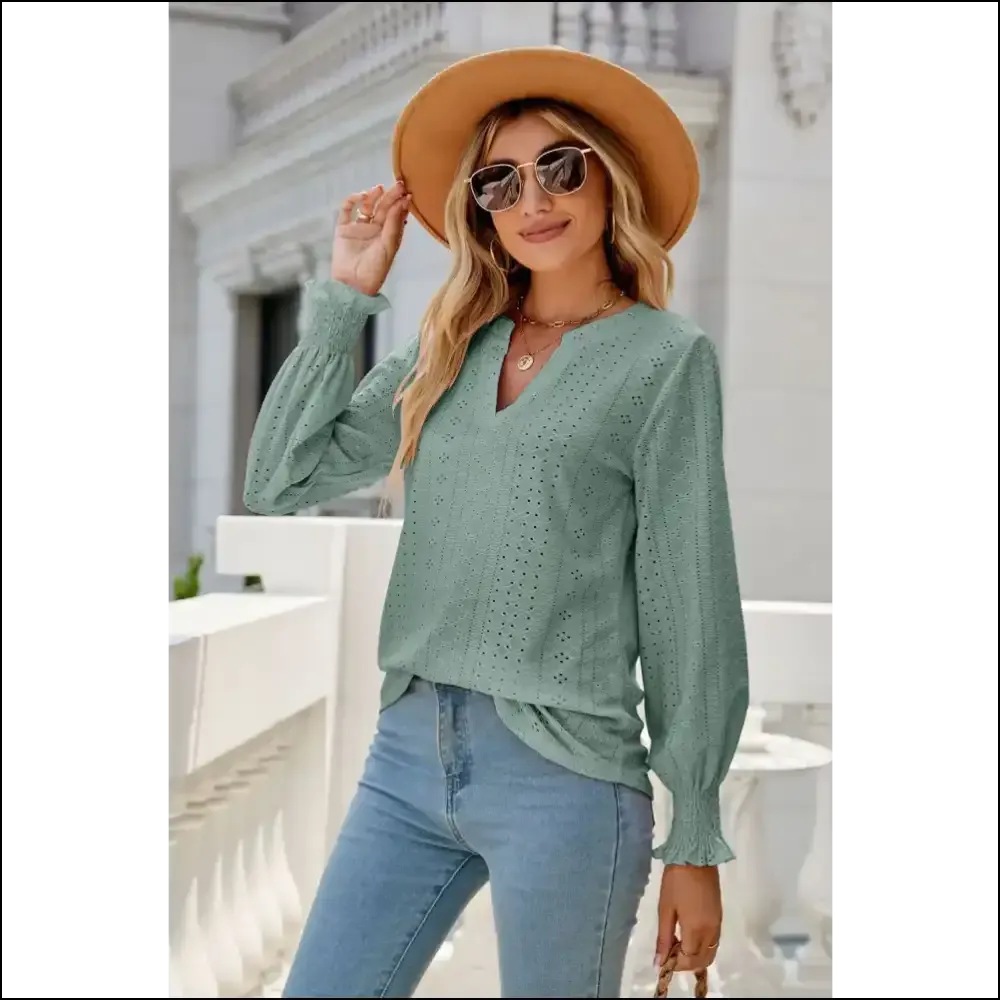 Chic Notched Flounce Sleeve Eyelet Top