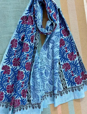 Classy Carnations Block Printed on Fine Cotton Scarf
