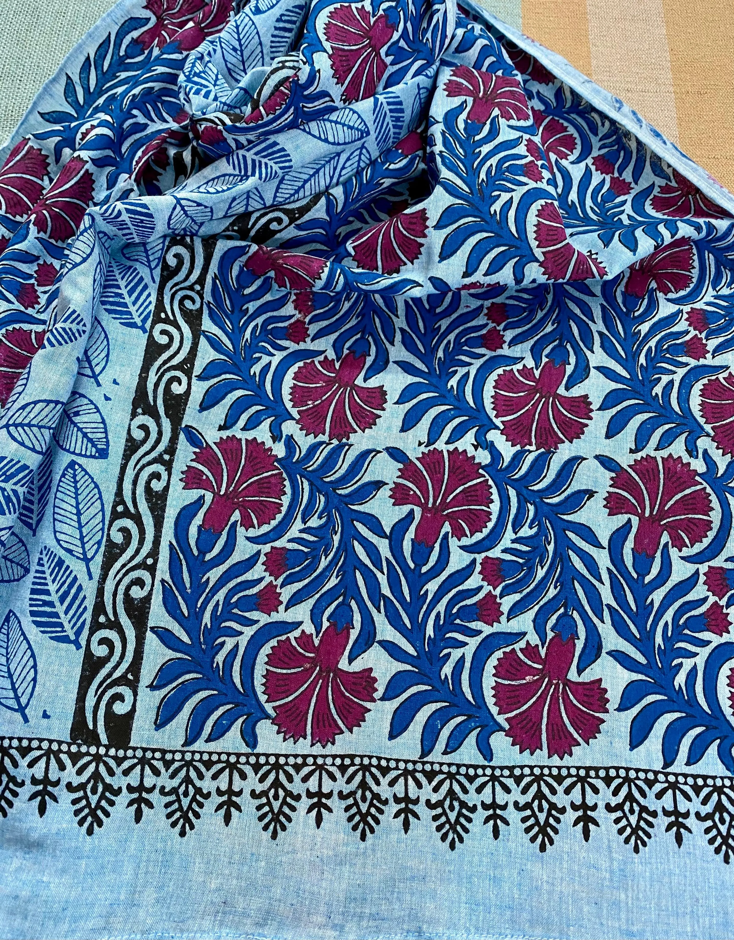 Classy Carnations Block Printed on Fine Cotton Scarf