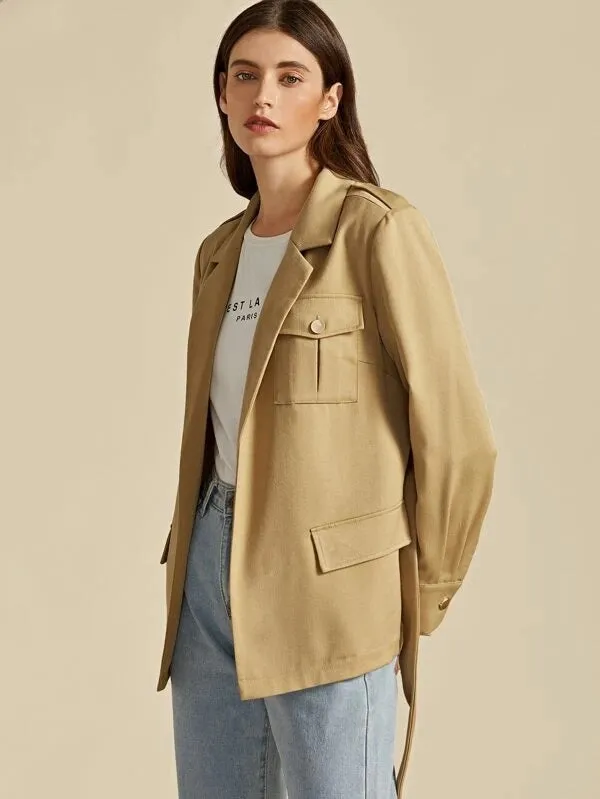 CM-CS007395 Women Casual Seoul Style Notch Collar Flap Pocket Front Self Belted Blazer - Khaki