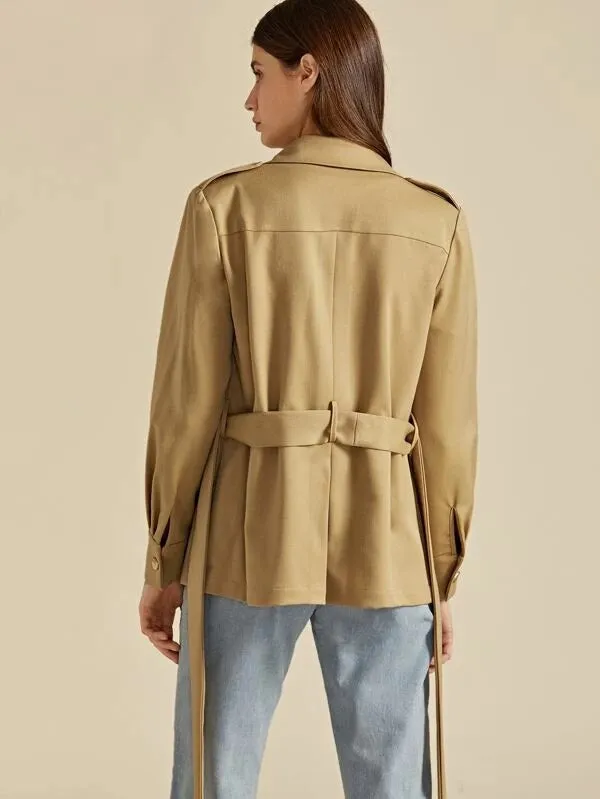 CM-CS007395 Women Casual Seoul Style Notch Collar Flap Pocket Front Self Belted Blazer - Khaki