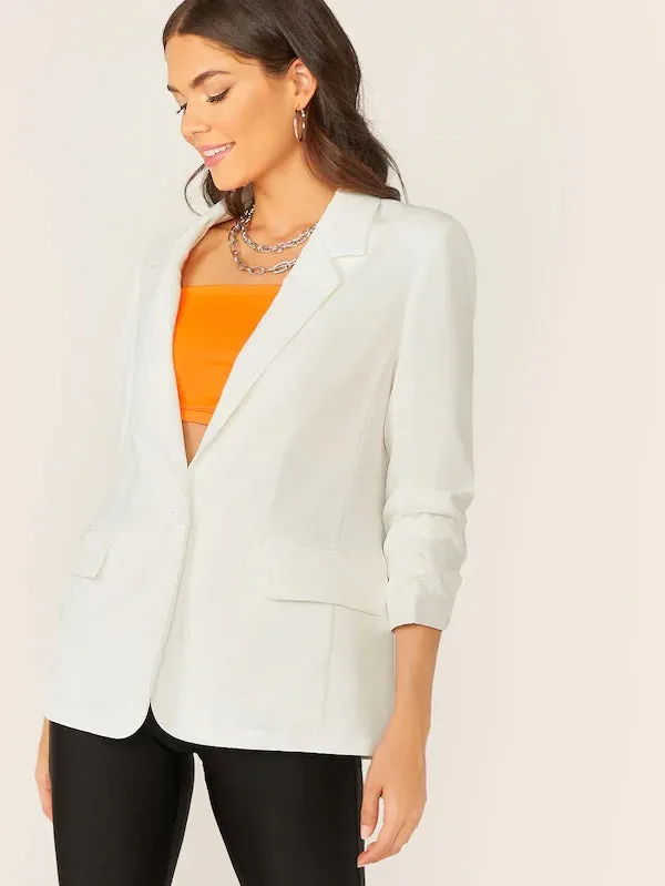 CM-CS716703 Women Elegant Seoul Style Single Button Gathered Sleeve Blazer - White