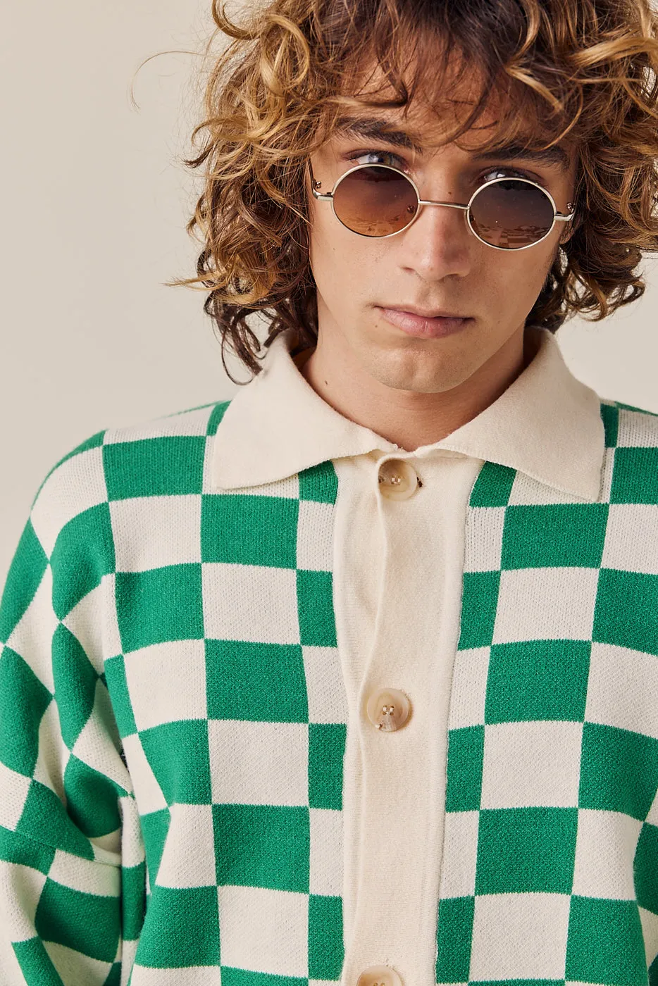 Color Mix Checkered Knit Cardigan