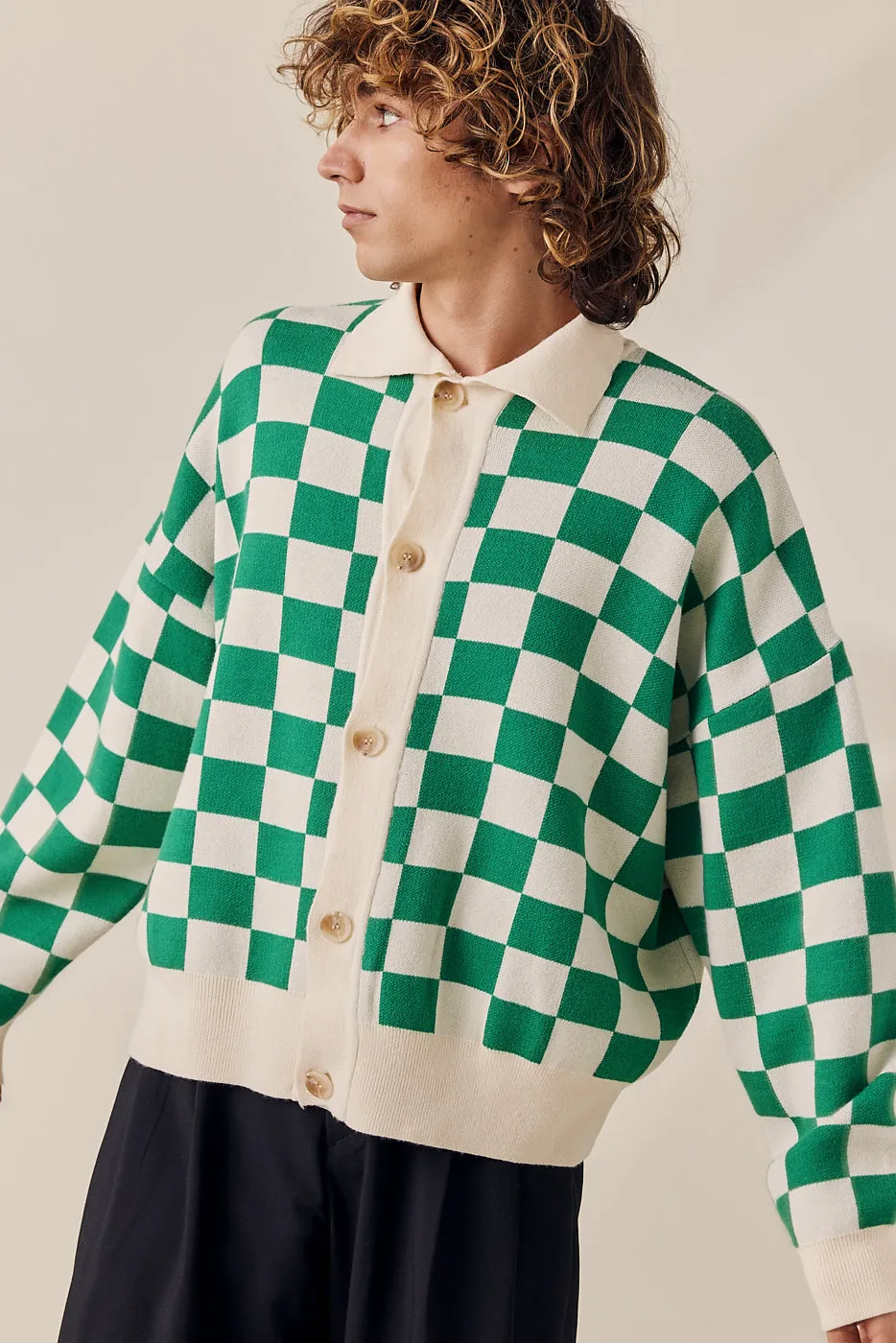 Color Mix Checkered Knit Cardigan