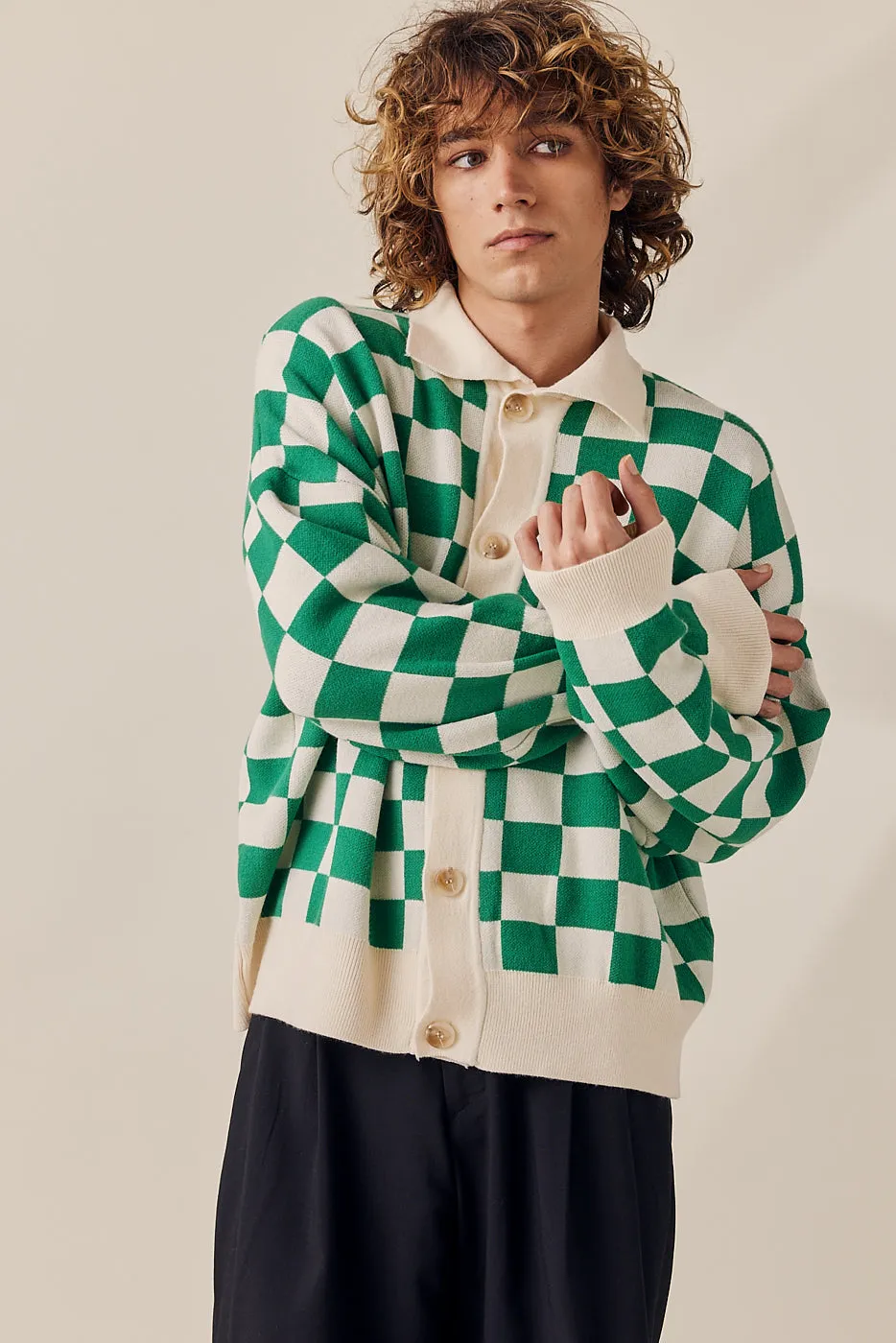 Color Mix Checkered Knit Cardigan