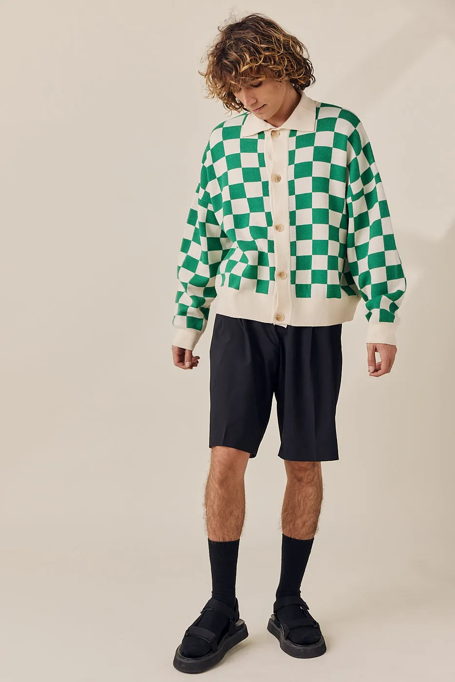 Color Mix Checkered Knit Cardigan
