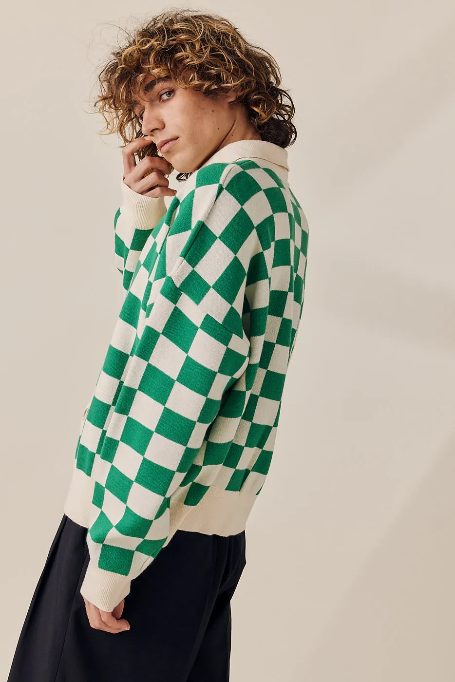 Color Mix Checkered Knit Cardigan
