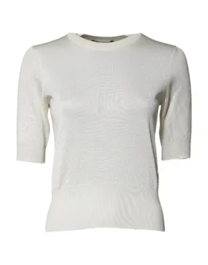 Cream Short Sleeve Silk Round Neck Blouse Top