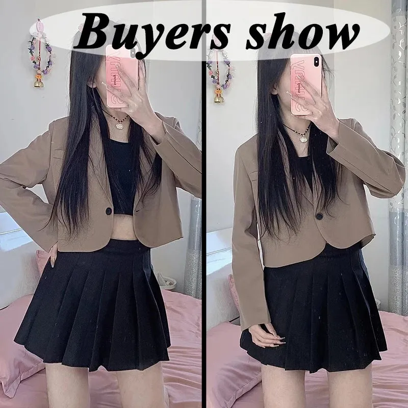 Cropped Blazers Women Solid Color Simple Single-button Outwear Teens All-match Long Sleeve Office Suit Jacket