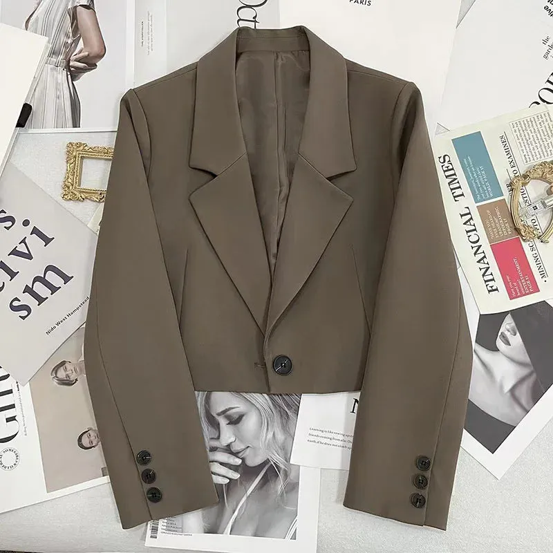 Cropped Blazers Women Solid Color Simple Single-button Outwear Teens All-match Long Sleeve Office Suit Jacket