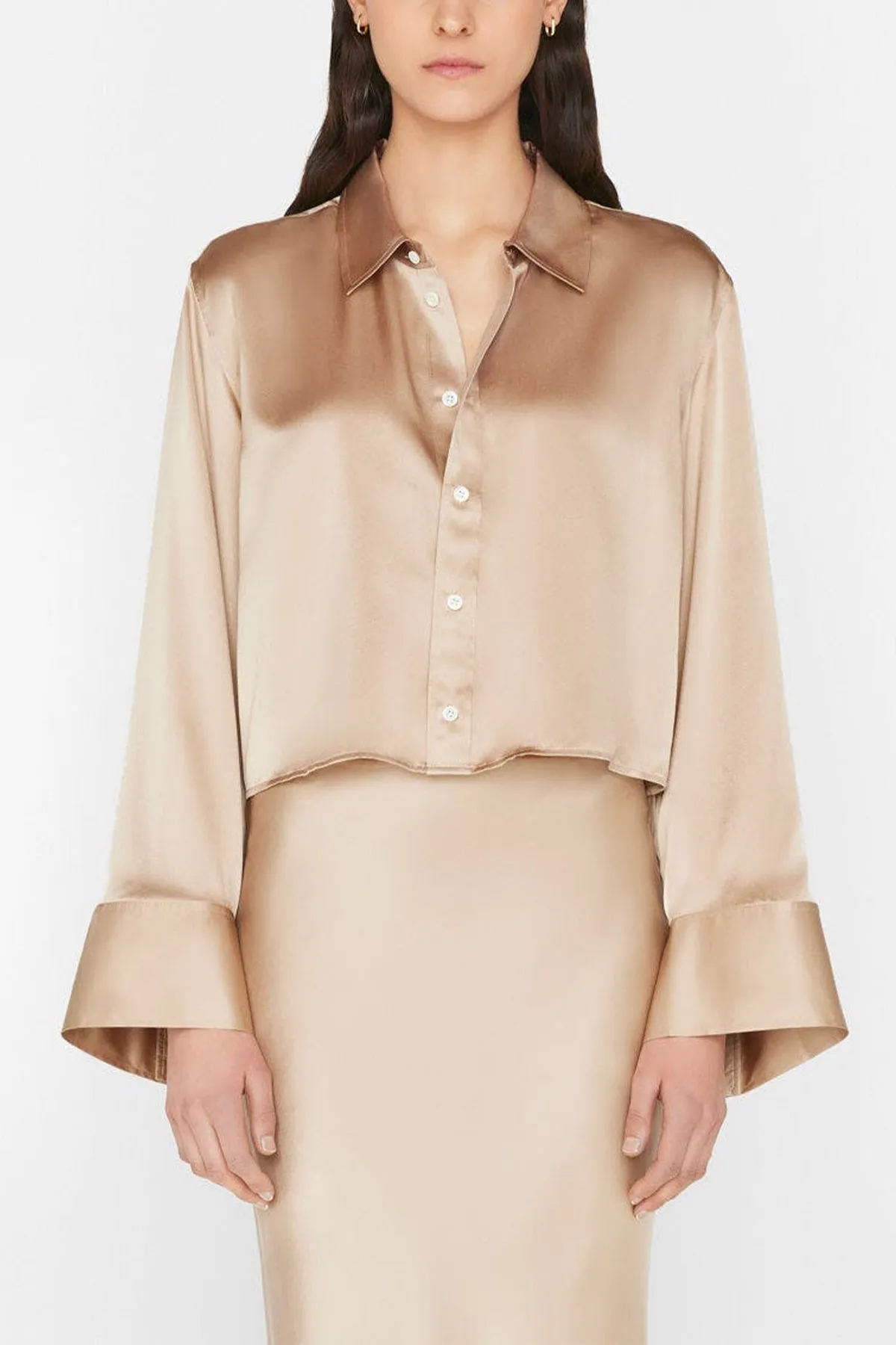 Cropped Wide Sleeve Shirt in Khaki Tan