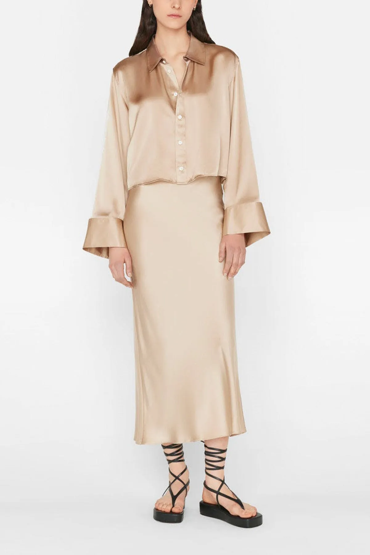 Cropped Wide Sleeve Shirt in Khaki Tan