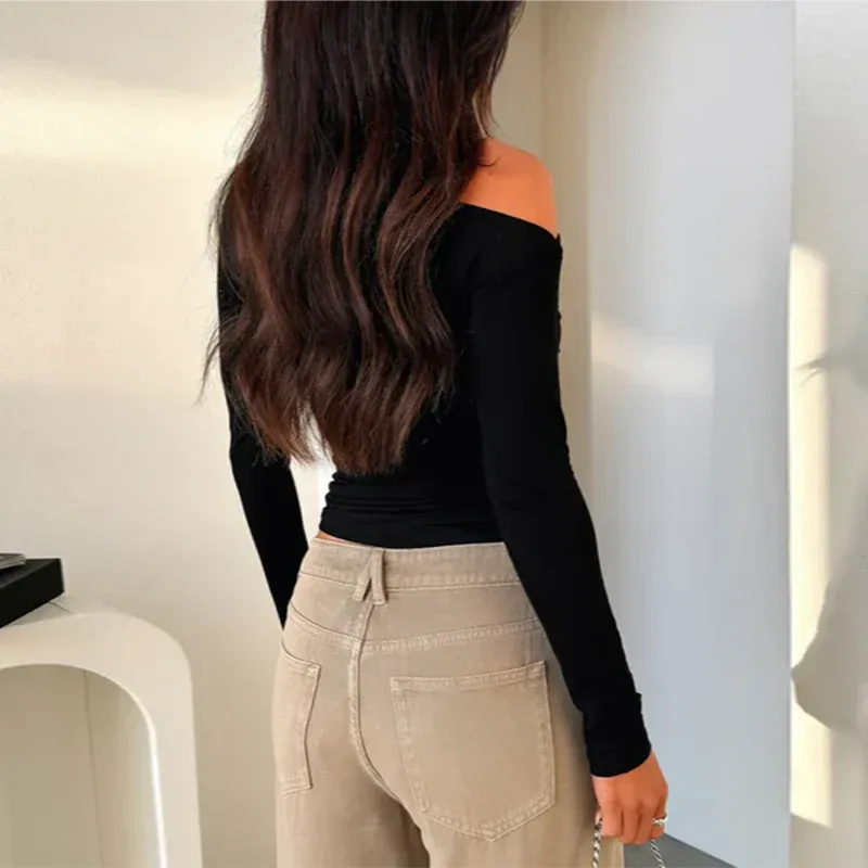 Custom Design Casual Boat Neck Off Shoulder Slim Crop Knit Top