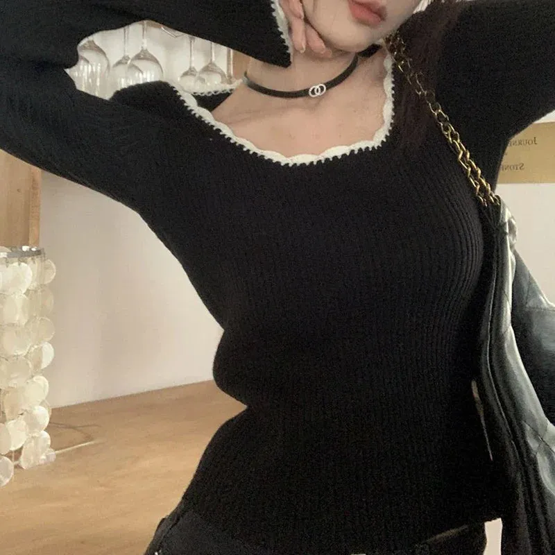 Cute O Neck Long Sleeve Slim Fit Knitted Crop Top