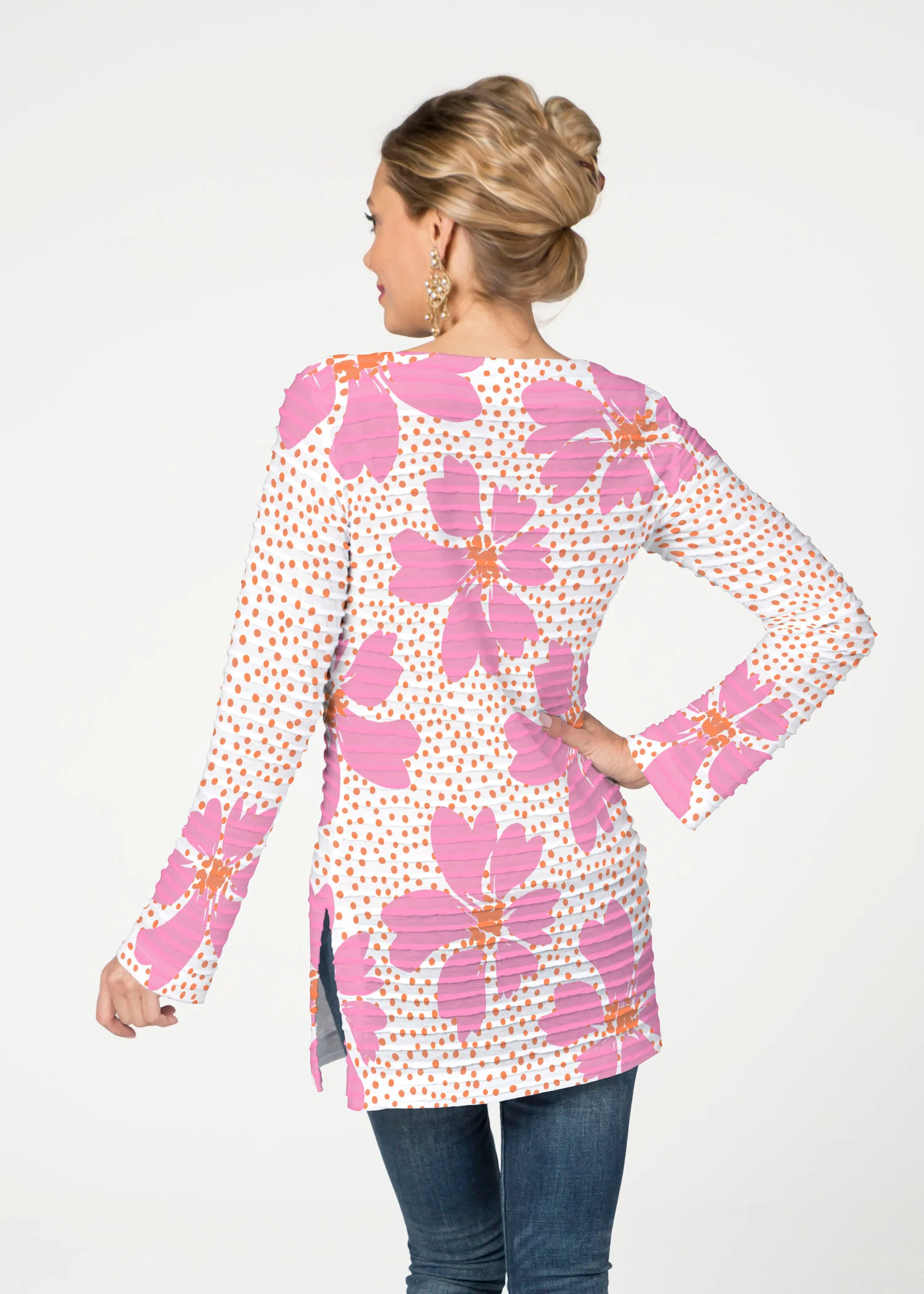 Daisy Dots Pink (8079) ~ Banded Boatneck Tunic