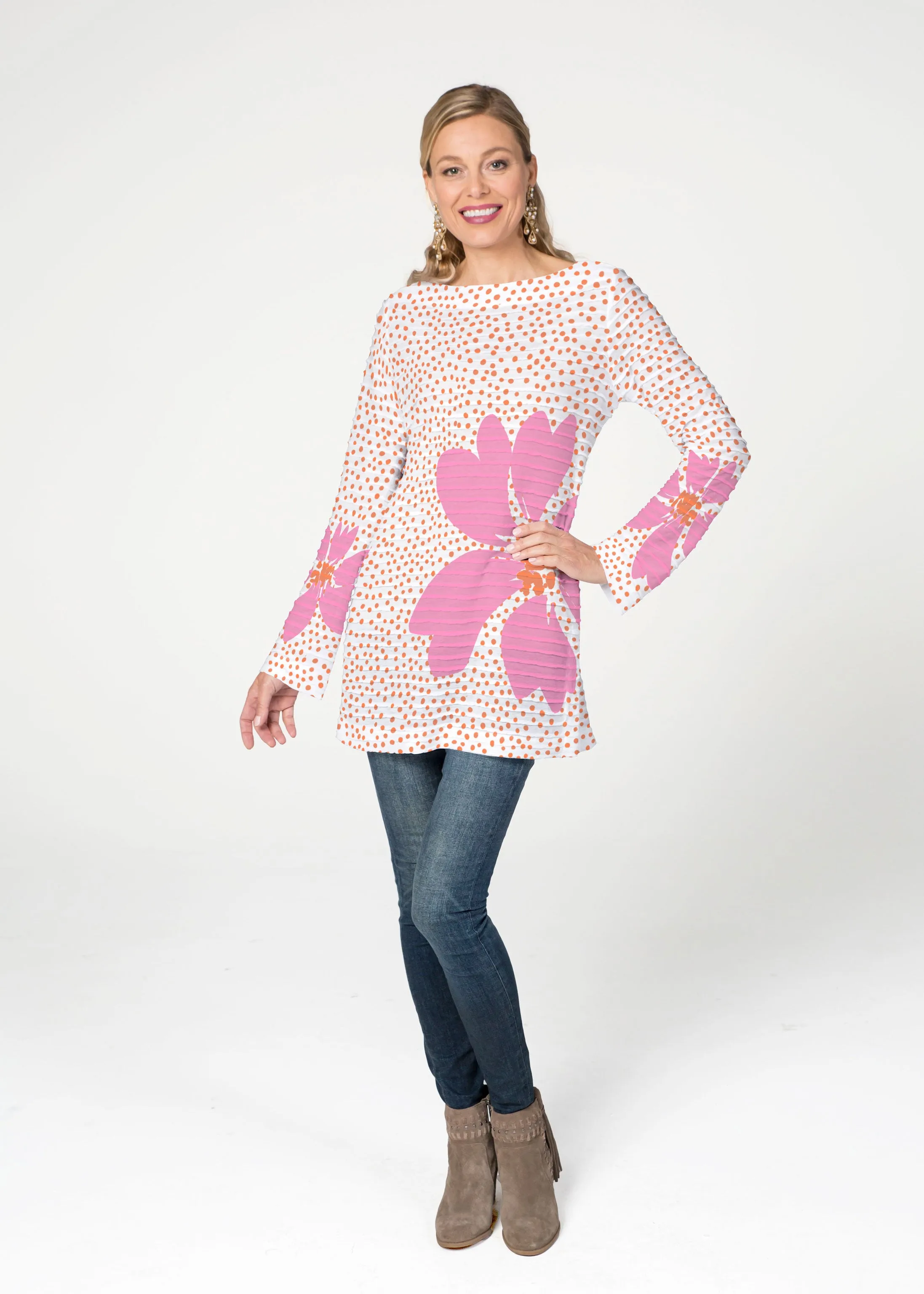 Daisy Dots Pink (8079) ~ Banded Boatneck Tunic